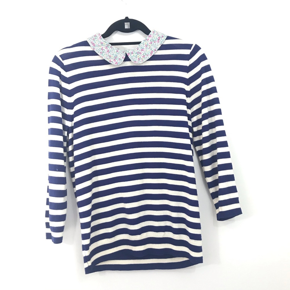 EUC J. Crew Blue Stripe Sweater Floral Collar Sz M